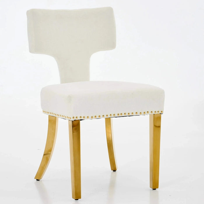 Mid Century Modern Dining Chairs Set of 2, Farmhouse Chenille Fabric Upholstered Accent Chair Curved Backrest with Copper Nails around,Kitchen Chairs with Golden Stainless Steel Plating Legs, Beige Default -DTYStore