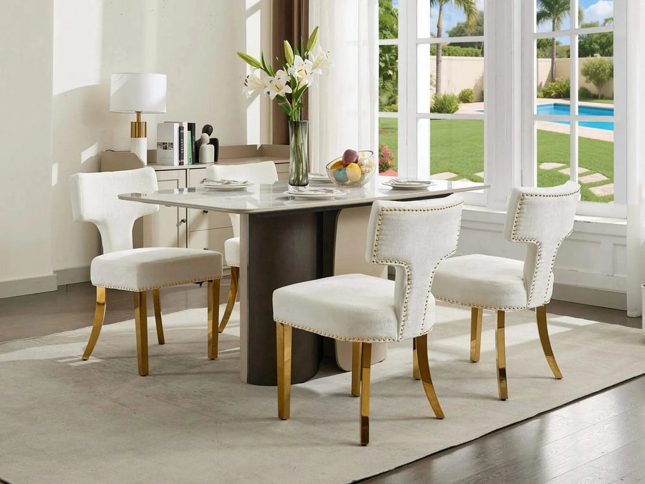 Mid Century Modern Dining Chairs Set of 2, Farmhouse Chenille Fabric Upholstered Accent Chair Curved Backrest with Copper Nails around,Kitchen Chairs with Golden Stainless Steel Plating Legs, Beige Default -DTYStore