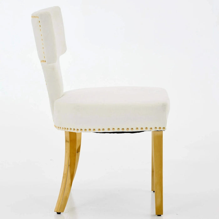 Mid Century Modern Dining Chairs Set of 2, Farmhouse Chenille Fabric Upholstered Accent Chair Curved Backrest with Copper Nails around,Kitchen Chairs with Golden Stainless Steel Plating Legs, Beige Default -DTYStore