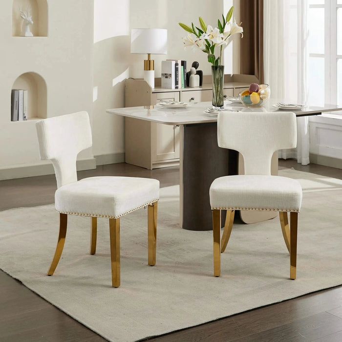 Mid Century Modern Dining Chairs Set of 2, Farmhouse Chenille Fabric Upholstered Accent Chair Curved Backrest with Copper Nails around,Kitchen Chairs with Golden Stainless Steel Plating Legs, Beige Default -DTYStore