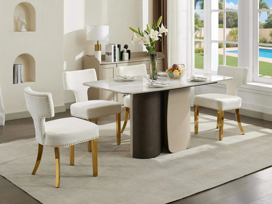 Mid Century Modern Dining Chairs Set of 2, Farmhouse Chenille Fabric Upholstered Accent Chair Curved Backrest with Copper Nails around,Kitchen Chairs with Golden Stainless Steel Plating Legs, Beige Default -DTYStore