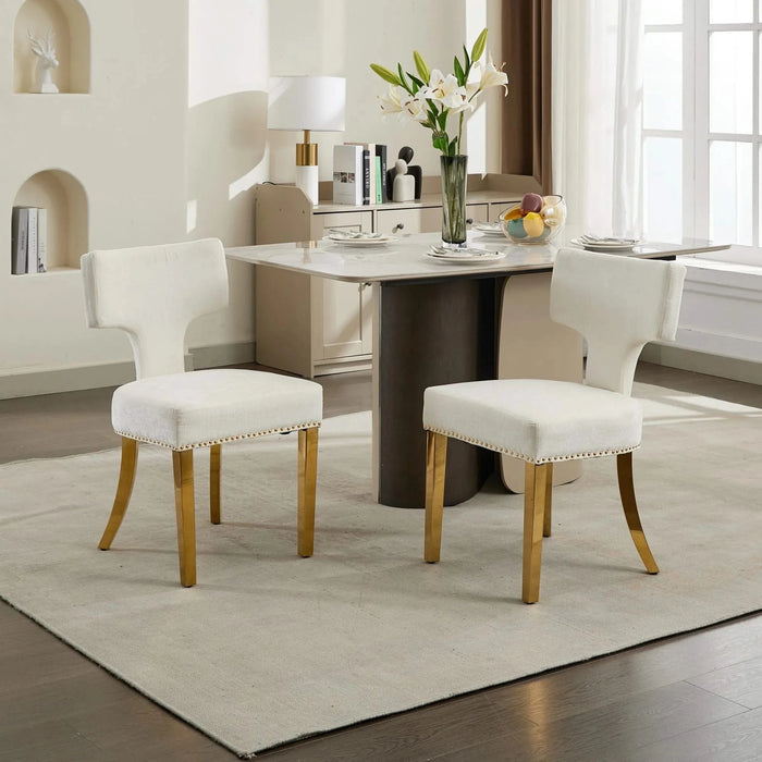 Mid Century Modern Dining Chairs Set of 2, Farmhouse Chenille Fabric Upholstered Accent Chair Curved Backrest with Copper Nails around,Kitchen Chairs with Golden Stainless Steel Plating Legs, Beige Default -DTYStore