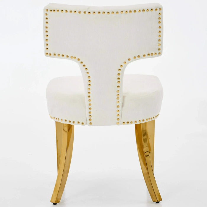 Mid Century Modern Dining Chairs Set of 2, Farmhouse Chenille Fabric Upholstered Accent Chair Curved Backrest with Copper Nails around,Kitchen Chairs with Golden Stainless Steel Plating Legs, Beige Default -DTYStore