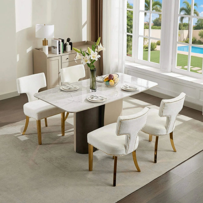 Mid Century Modern Dining Chairs Set of 2, Farmhouse Chenille Fabric Upholstered Accent Chair Curved Backrest with Copper Nails around,Kitchen Chairs with Golden Stainless Steel Plating Legs, Beige Default -DTYStore