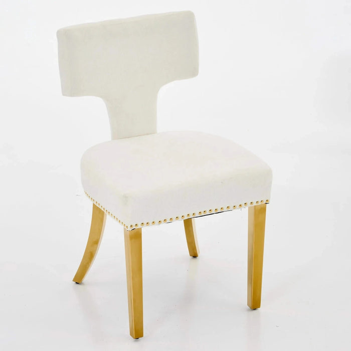 Mid Century Modern Dining Chairs Set of 2, Farmhouse Chenille Fabric Upholstered Accent Chair Curved Backrest with Copper Nails around,Kitchen Chairs with Golden Stainless Steel Plating Legs, Beige Default -DTYStore