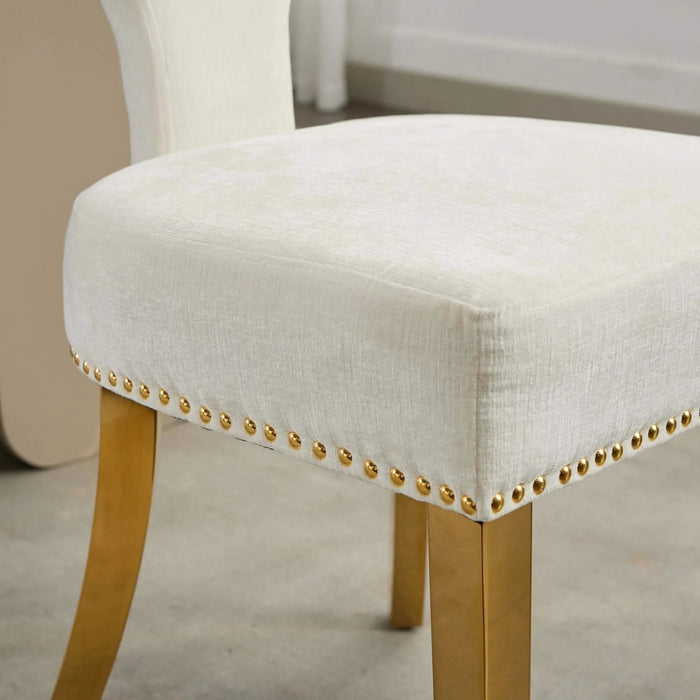 Mid Century Modern Dining Chairs Set of 2, Farmhouse Chenille Fabric Upholstered Accent Chair Curved Backrest with Copper Nails around,Kitchen Chairs with Golden Stainless Steel Plating Legs, Beige Default -DTYStore