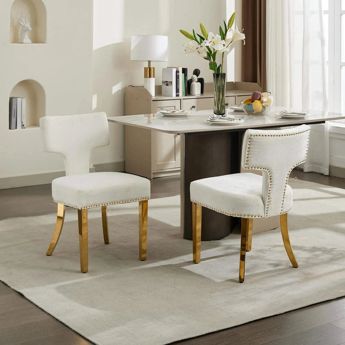 Mid Century Modern Dining Chairs Set of 2, Farmhouse Chenille Fabric Upholstered Accent Chair Curved Backrest with Copper Nails around,Kitchen Chairs with Golden Stainless Steel Plating Legs, Beige Default -DTYStore