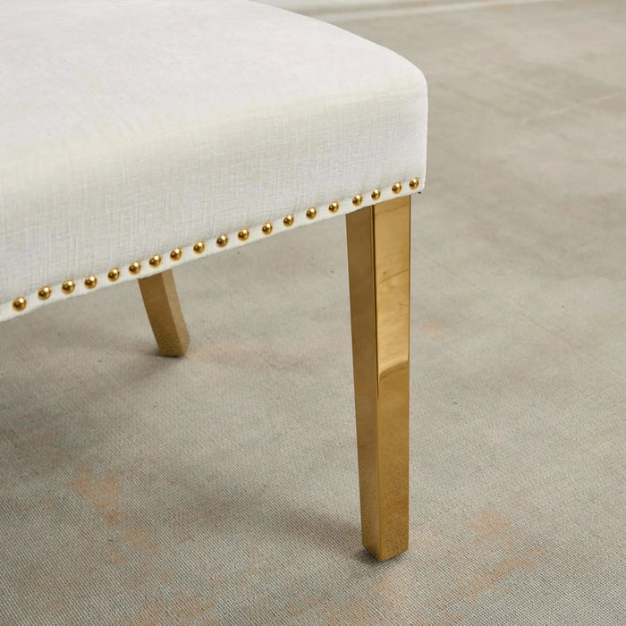 Mid Century Modern Dining Chairs Set of 2, Farmhouse Chenille Fabric Upholstered Accent Chair Curved Backrest with Copper Nails around,Kitchen Chairs with Golden Stainless Steel Plating Legs, Beige Default -DTYStore