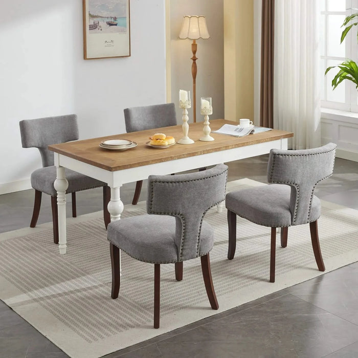 Mid Century Modern Dining Chairs Set of 2, Farmhouse Linen Fabric Upholstered Accent Chair Curved Backrest with Copper Nails around,Kitchen Chairs with Hardwood Frame, Gray Default -DTYStore