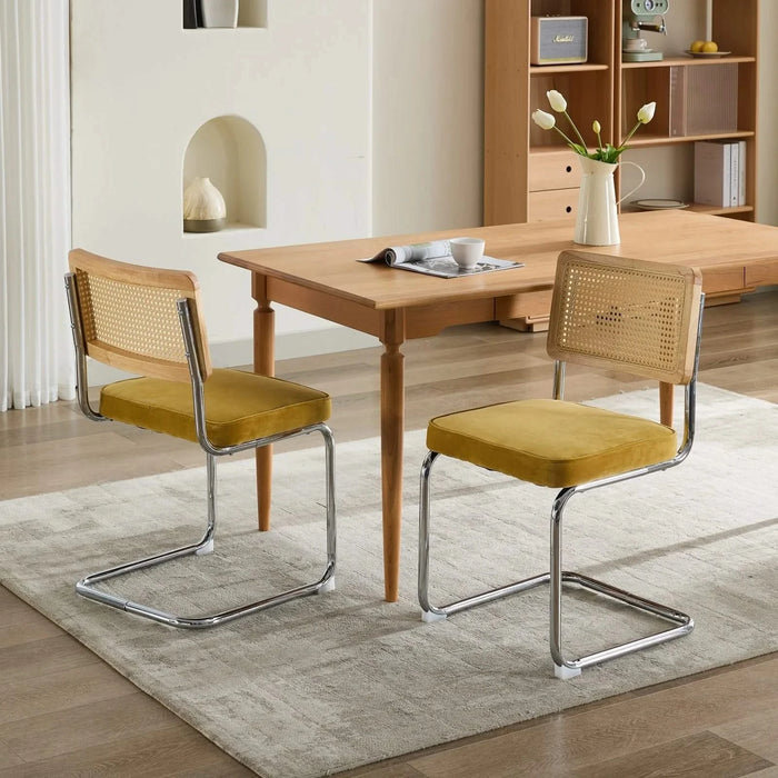 Mid Century Modern Dining Chairs Set of 2, Velvet Accent Chairs with Natural Cane Back & Stainless Chrome Base, Famous Breuer Designed Chairs, Upholstered Rattan Kitchen Chairs,Golden Default -DTYStore