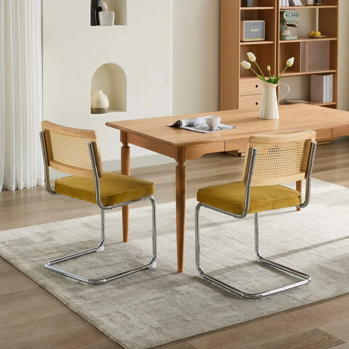 Mid Century Modern Dining Chairs Set of 2, Velvet Accent Chairs with Natural Cane Back & Stainless Chrome Base, Famous Breuer Designed Chairs, Upholstered Rattan Kitchen Chairs,Golden Default -DTYStore