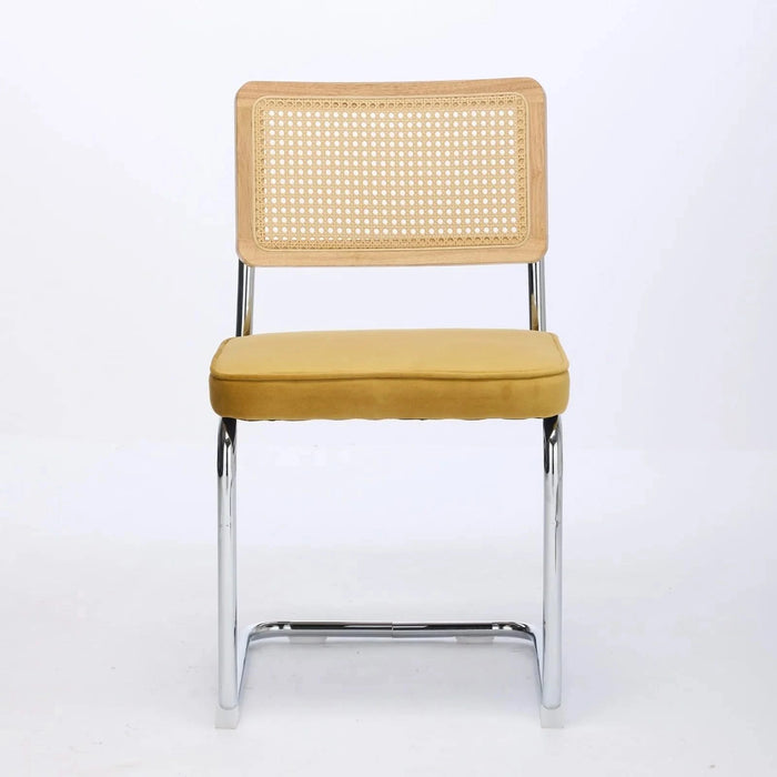 Mid Century Modern Dining Chairs Set of 2, Velvet Accent Chairs with Natural Cane Back & Stainless Chrome Base, Famous Breuer Designed Chairs, Upholstered Rattan Kitchen Chairs,Golden Default -DTYStore