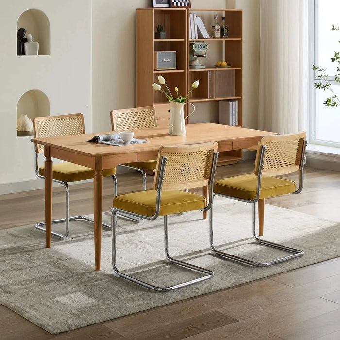 Mid Century Modern Dining Chairs Set of 2, Velvet Accent Chairs with Natural Cane Back & Stainless Chrome Base, Famous Breuer Designed Chairs, Upholstered Rattan Kitchen Chairs,Golden Default -DTYStore