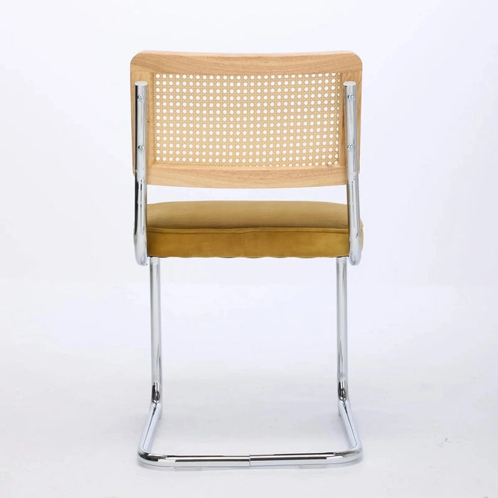 Mid Century Modern Dining Chairs Set of 2, Velvet Accent Chairs with Natural Cane Back & Stainless Chrome Base, Famous Breuer Designed Chairs, Upholstered Rattan Kitchen Chairs,Golden Default -DTYStore