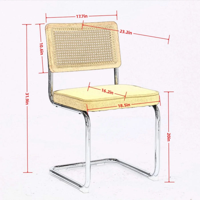 Mid Century Modern Dining Chairs Set of 2, Velvet Accent Chairs with Natural Cane Back & Stainless Chrome Base, Famous Breuer Designed Chairs, Upholstered Rattan Kitchen Chairs,Golden Default -DTYStore