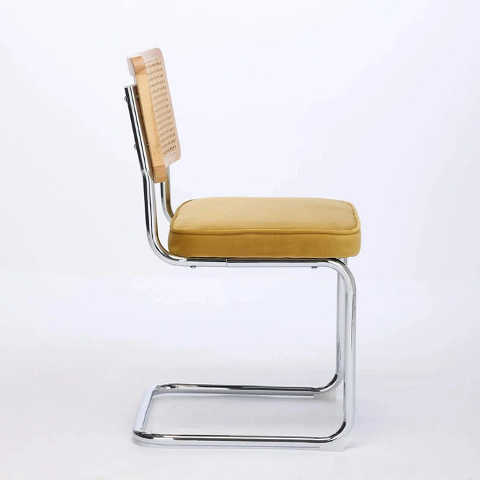 Mid Century Modern Dining Chairs Set of 2, Velvet Accent Chairs with Natural Cane Back & Stainless Chrome Base, Famous Breuer Designed Chairs, Upholstered Rattan Kitchen Chairs,Golden Default -DTYStore