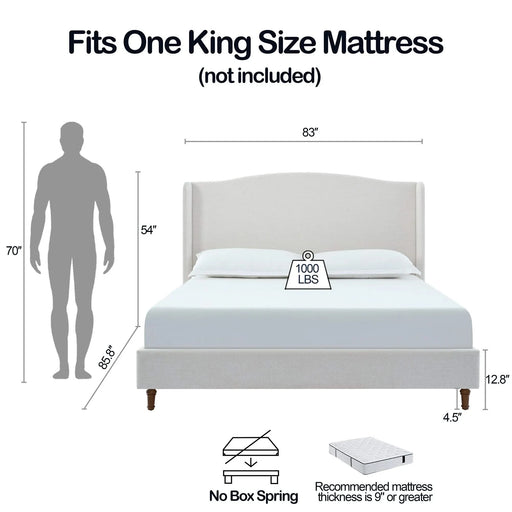 Minimalist Designs Hannah Upholstered Wingback King Bed Frame with 54' Headboard in Premium Textured Canvas Chenille Look Ivory Default -DTYStore