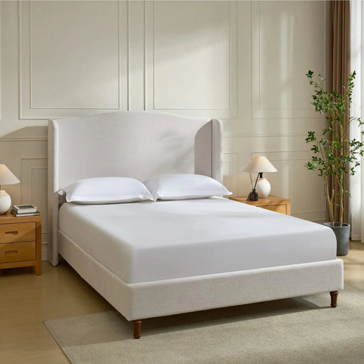 Minimalist Designs Upholstered Wingback Queen Bed with Tall 54' Headboard in Premium Textured Canvas Chenille Look Ivory Default -DTYStore