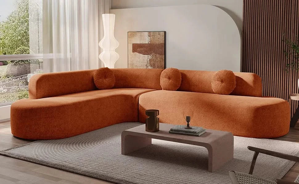 Mirod 122'' Extra Large Sectional Sofa Soft Fabric Upholstery, Elegant Curved Design with Three Round Cushions , High-Resilience Foam for Ultimate Comfort Default -DTYStore