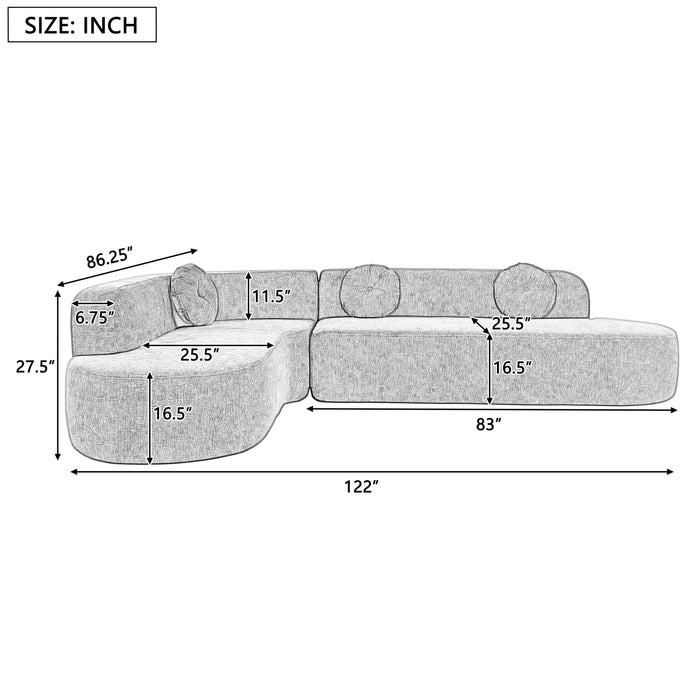 Mirod 122'' Extra Large Sectional Sofa Soft Fabric Upholstery, Elegant Curved Design with Three Round Cushions , High-Resilience Foam for Ultimate Comfort Default -DTYStore