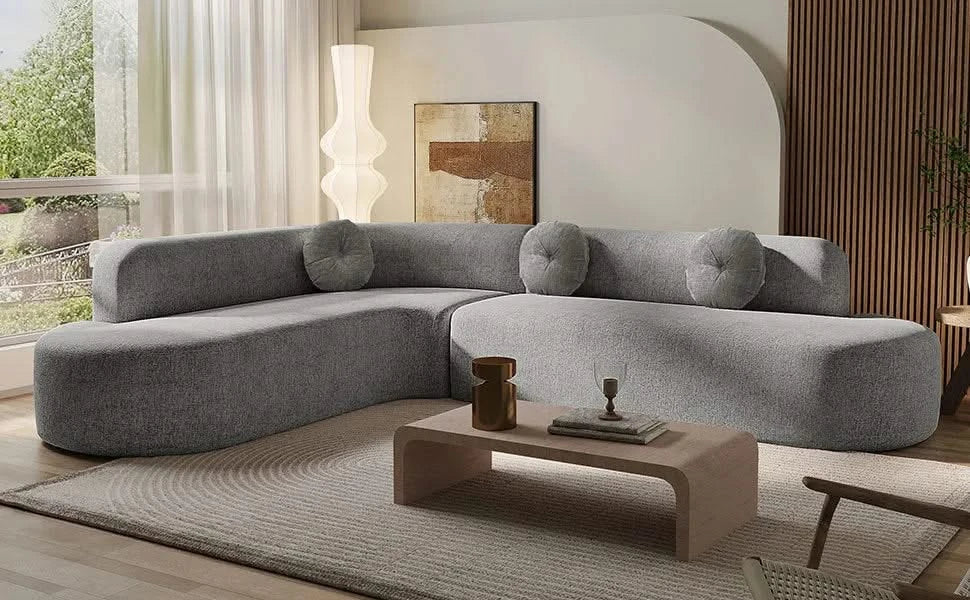 Mirod 122'' Extra Large Sectional Sofa Soft Fabric Upholstery, Elegant Curved Design with Three Round Cushions , High-Resilience Foam for Ultimate Comfort Default -DTYStore