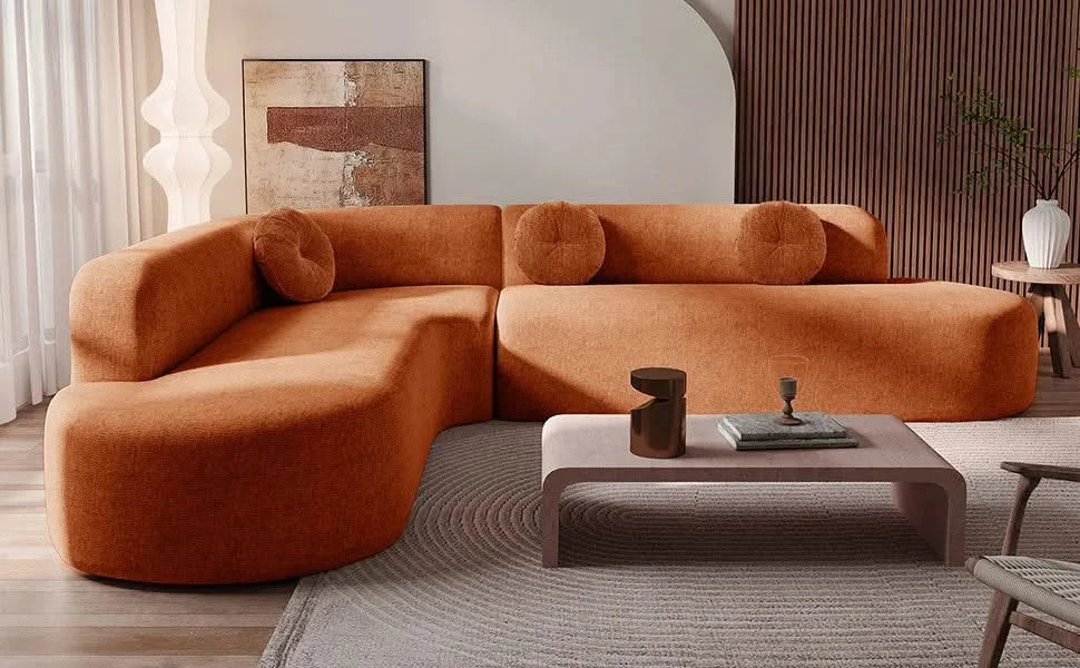 Mirod 122'' Extra Large Sectional Sofa Soft Fabric Upholstery, Elegant Curved Design with Three Round Cushions , High-Resilience Foam for Ultimate Comfort Default -DTYStore