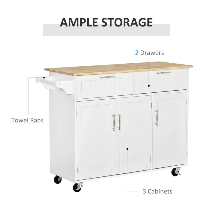 Mobile Kitchen Island with Storage, Kitchen Cart with Wood Top, Storage Drawers, 3-door Cabinets, Adjustable Shelves and Towel Rack, White Default -DTYStore