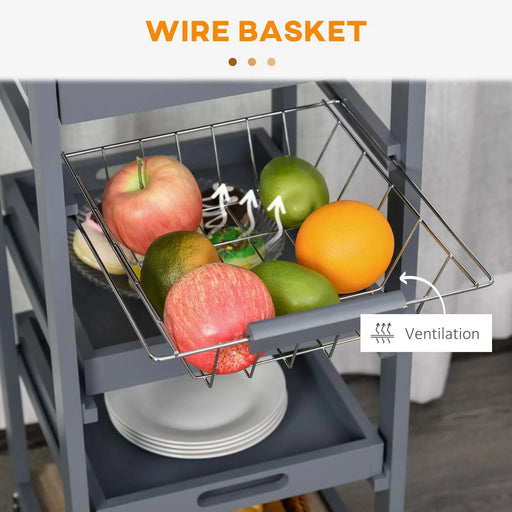 Mobile Rolling Kitchen Island Trolley Serving Cart with Underneath Drawer & Slide-Out Wire Storage Basket, Grey Default -DTYStore