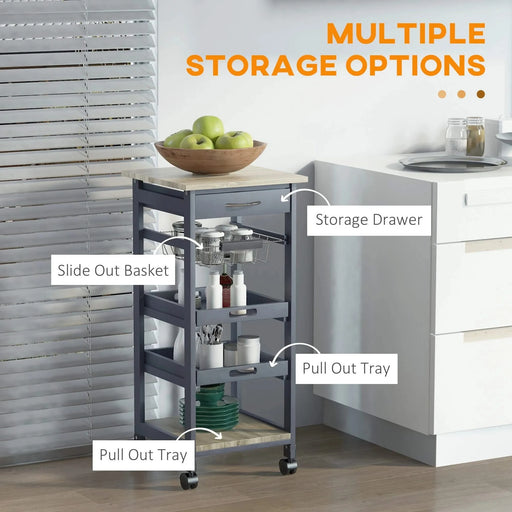 Mobile Rolling Kitchen Island Trolley Serving Cart with Underneath Drawer & Slide-Out Wire Storage Basket, Grey Default -DTYStore