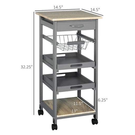 Mobile Rolling Kitchen Island Trolley Serving Cart with Underneath Drawer & Slide-Out Wire Storage Basket, Grey Default -DTYStore