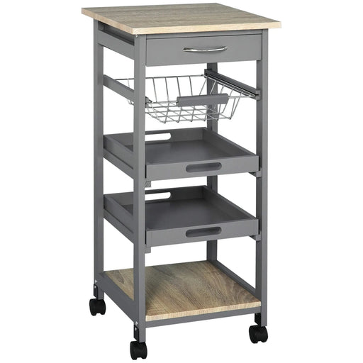 Mobile Rolling Kitchen Island Trolley Serving Cart with Underneath Drawer & Slide-Out Wire Storage Basket, Grey Default -DTYStore