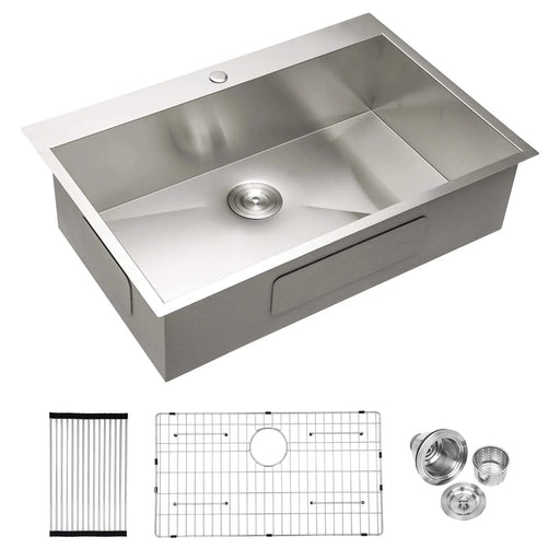 Modern 28 Inch Drop In Kitchen Sink with Single Bowl in Durable 16 Gauge Stainless Steel, Brushed Nickel Finish Default -DTYStore