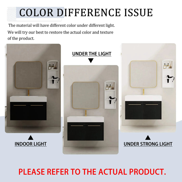 Modern 36 Inch Wall-Mounted Bathroom Vanity with Thick Edge Resin Sink and Storage Rack, Black Chestnut, Plywood Default -DTYStore