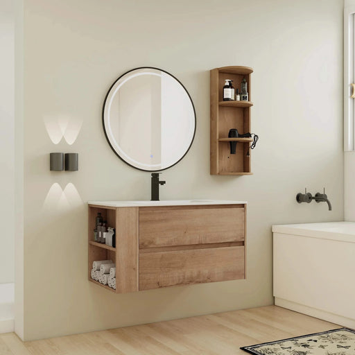 Modern 36' Wall-Mounted Bathroom Vanity with Ceramic Sink and Storage Rack, 2 Soft Close Drawers, Imitative Oak Finish Default -DTYStore
