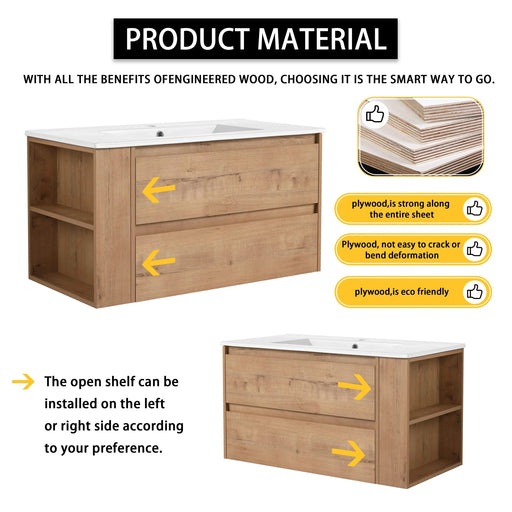 Modern 36' Wall-Mounted Bathroom Vanity with Ceramic Sink and Storage Rack, 2 Soft Close Drawers, Imitative Oak Finish Default -DTYStore