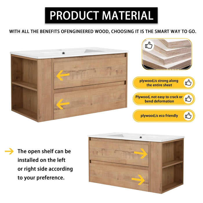 Modern 36' Wall-Mounted Bathroom Vanity with Ceramic Sink and Storage Rack, 2 Soft Close Drawers, Imitative Oak Finish Default -DTYStore
