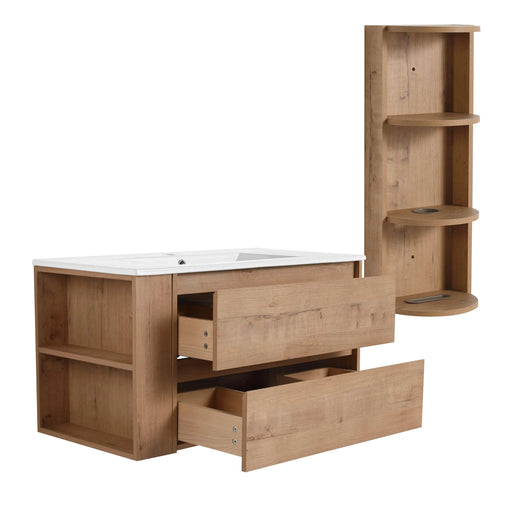 Modern 36' Wall-Mounted Bathroom Vanity with Ceramic Sink and Storage Rack, 2 Soft Close Drawers, Imitative Oak Finish Default -DTYStore