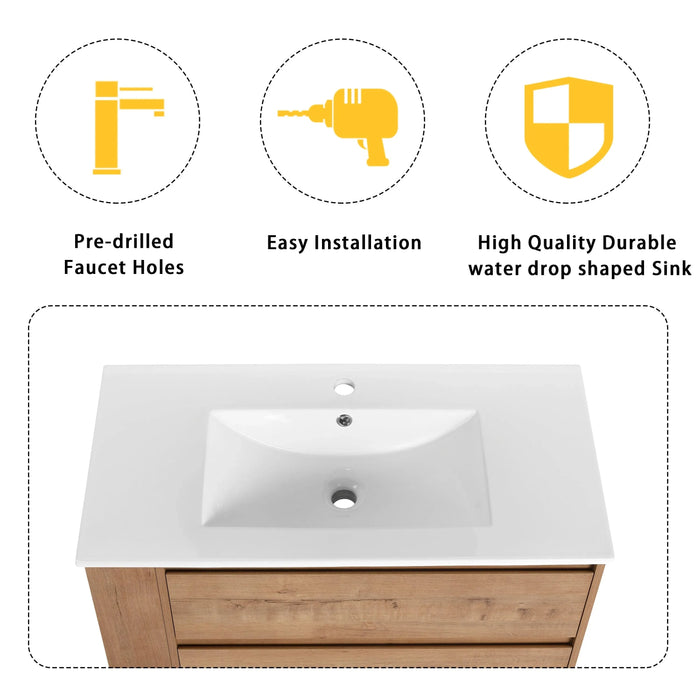Modern 36' Wall-Mounted Bathroom Vanity with Ceramic Sink and Storage Rack, 2 Soft Close Drawers, Imitative Oak Finish Default -DTYStore