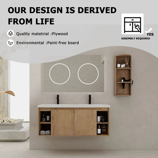 Modern 48' Wall-Mounted Bathroom Vanity with Double Resin Sink and Storage Rack, Soft Close Doors, Imitative Oak Finish Default -DTYStore