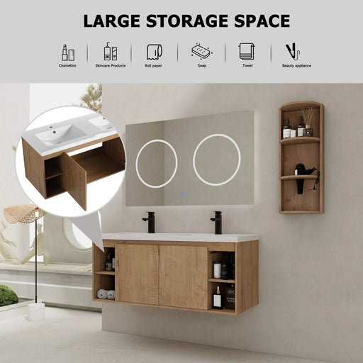 Modern 48' Wall-Mounted Bathroom Vanity with Double Resin Sink and Storage Rack, Soft Close Doors, Imitative Oak Finish Default -DTYStore