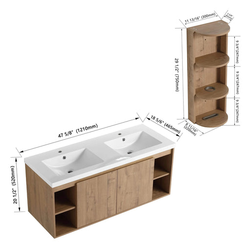Modern 48' Wall-Mounted Bathroom Vanity with Double Resin Sink and Storage Rack, Soft Close Doors, Imitative Oak Finish Default -DTYStore
