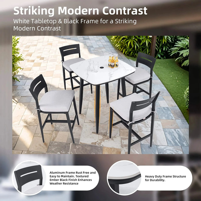 Modern 5-Piece Outdoor Bar Set, 35.4 Inch Sintered Stone Table with Greek White Marble-Inspired Top & 4 Aluminum Bar Stools, Ember Black, Sunbrella Cushions, Weather-Resistant Default -DTYStore