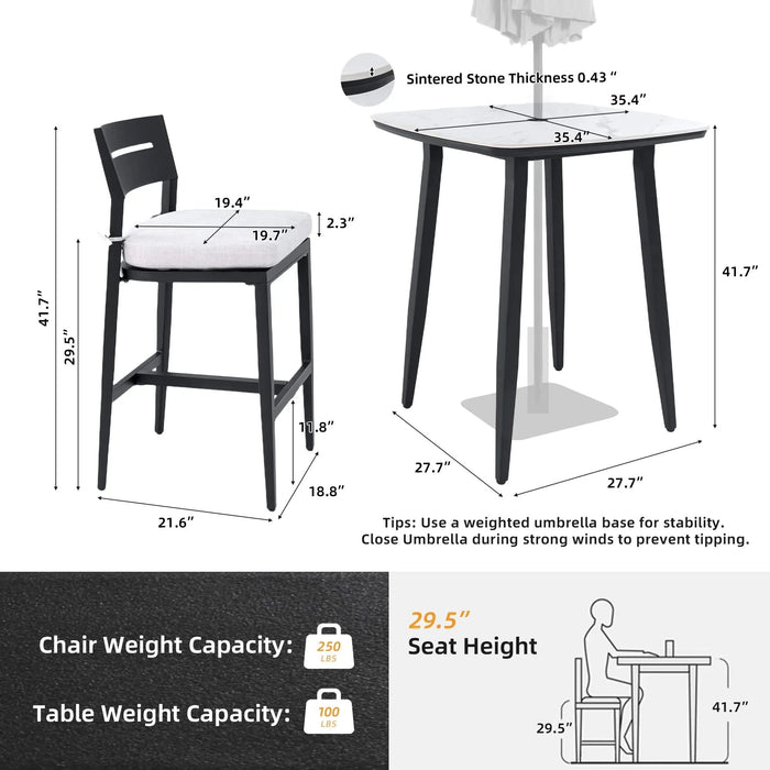 Modern 5-Piece Outdoor Bar Set, 35.4 Inch Sintered Stone Table with Greek White Marble-Inspired Top & 4 Aluminum Bar Stools, Ember Black, Sunbrella Cushions, Weather-Resistant Default -DTYStore