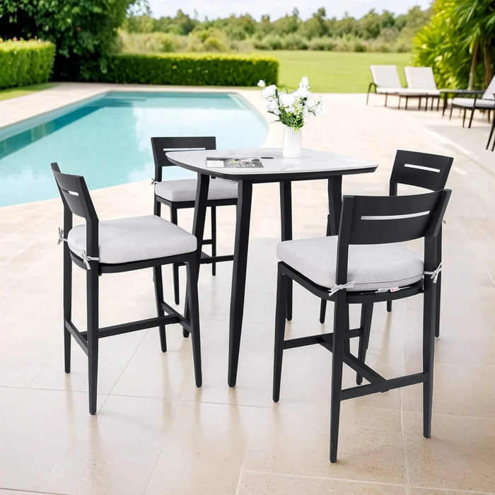 Modern 5-Piece Outdoor Bar Set, 35.4 Inch Sintered Stone Table with Greek White Marble-Inspired Top & 4 Aluminum Bar Stools, Ember Black, Sunbrella Cushions, Weather-Resistant Default -DTYStore