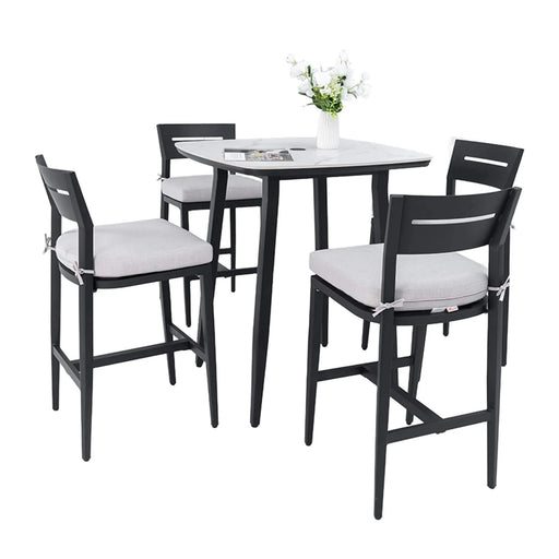 Modern 5-Piece Outdoor Bar Set, 35.4 Inch Sintered Stone Table with Greek White Marble-Inspired Top & 4 Aluminum Bar Stools, Ember Black, Sunbrella Cushions, Weather-Resistant Default -DTYStore