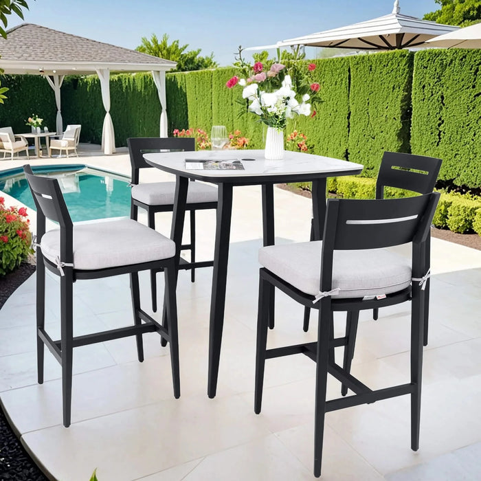 Modern 5-Piece Outdoor Bar Set, 35.4 Inch Sintered Stone Table with Greek White Marble-Inspired Top & 4 Aluminum Bar Stools, Ember Black, Sunbrella Cushions, Weather-Resistant Default -DTYStore