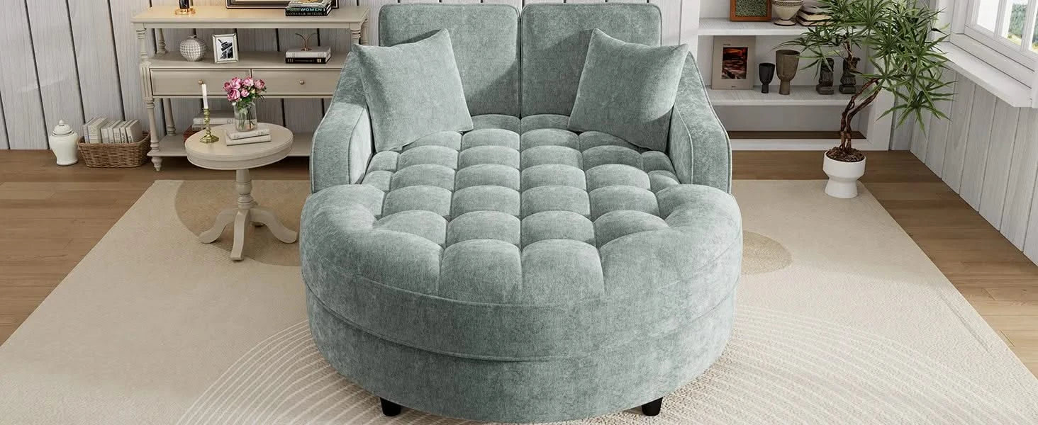 Modern 55' Chaise Lounge Sofa Bed with Tufted Seat & Detachable Pillows in Misty Green Chenille Default -DTYStore