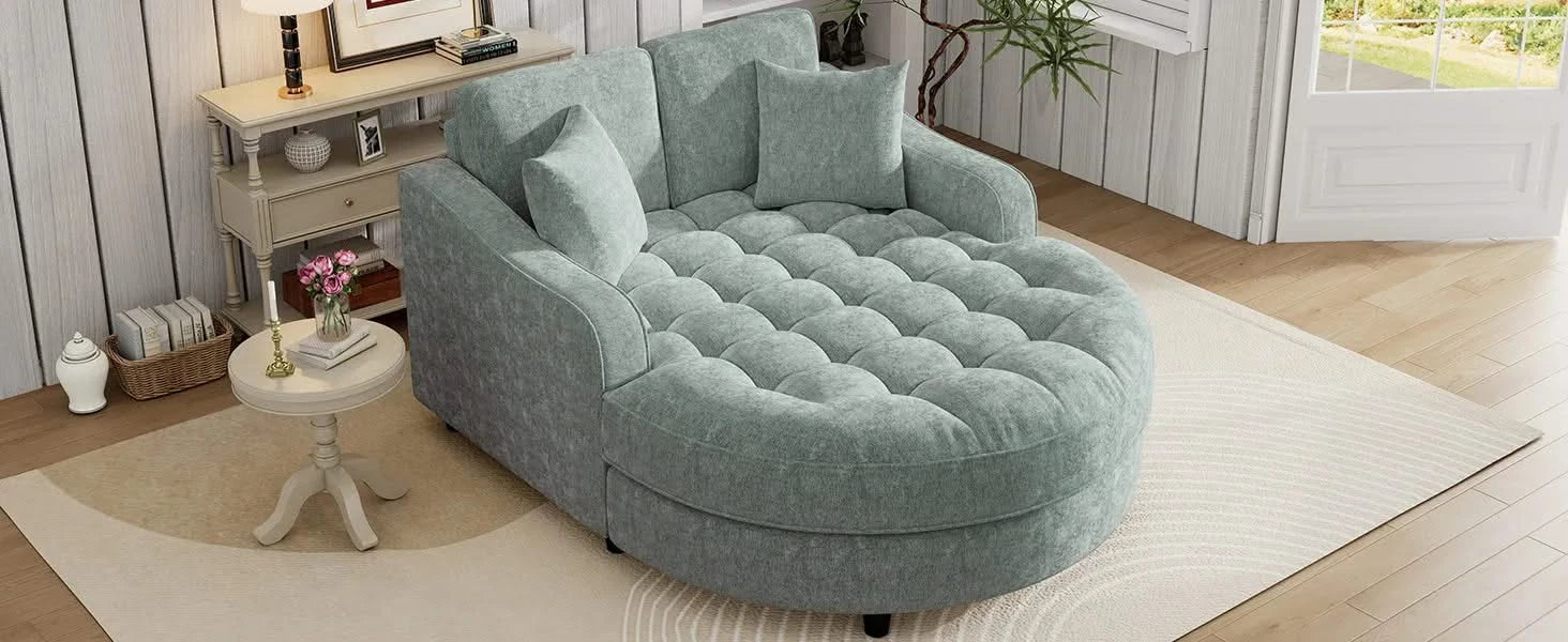 Modern 55' Chaise Lounge Sofa Bed with Tufted Seat & Detachable Pillows in Misty Green Chenille Default -DTYStore