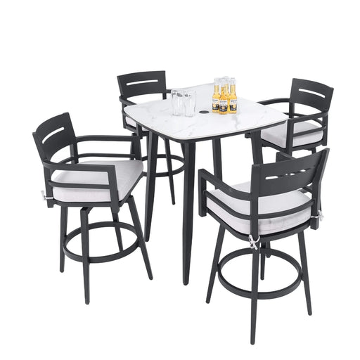 Modern 5PC Outdoor Patio Bar Set,Rounded Square Sintered Stone Table & 4 Swivel Bar Chairs,Non-Rust Aluminum Frame,Ember Black, Marble-Inspired Top,Bearing Swivel Plate,Tapered Legs,Sunbrella Cushion Default -DTYStore