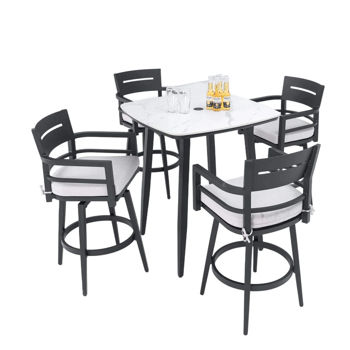 Modern 5PC Outdoor Patio Bar Set,Rounded Square Sintered Stone Table & 4 Swivel Bar Chairs,Non-Rust Aluminum Frame,Ember Black, Marble-Inspired Top,Bearing Swivel Plate,Tapered Legs,Sunbrella Cushion Default -DTYStore